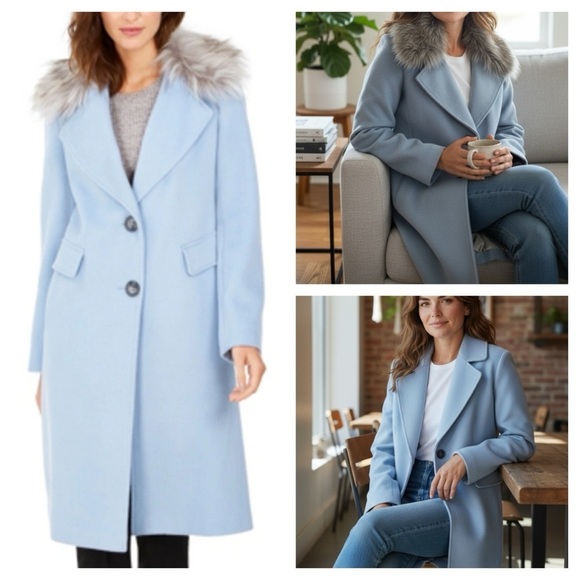 CALVIN KLEINPetite M Single-breasted Faux-fur Walker Coat InBlue/grey Fur